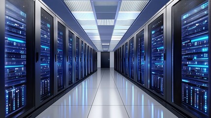 3D rendering of a data center with server racks and a light blue background. Computer mainframe in modern, futuristic technology, a super computer room interior design.