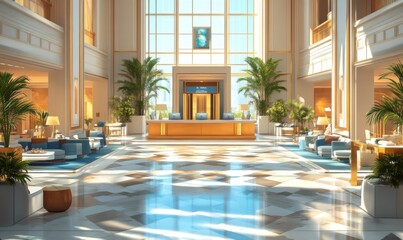 Isometric hotel lobby with reception desk, lounge area, and elevators, luxurious and welcoming, 3D illustration