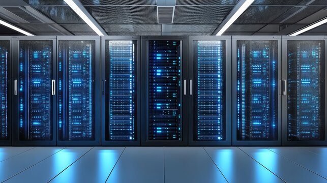 3D rendering of a data center with server racks and a light blue background. Computer mainframe in modern, futuristic technology, a super computer room interior design.
