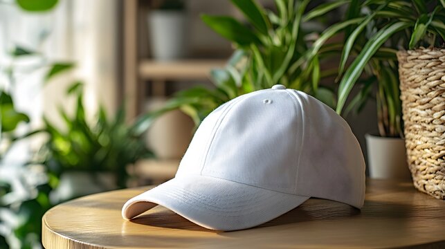 White baseball cap with small embroidered logo on wooden table, photographed with soft natural lighting and blurred indoor background featuring plants, lifestyle aesthetic.