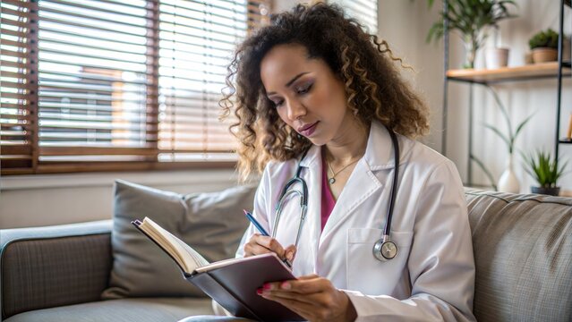 Dedicated healthcare professional writing notes on patient care in a cozy, sunlit room during afternoon hours