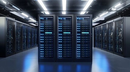 3D rendering of a data center with server racks and a light blue background. Computer mainframe in modern, futuristic technology, a super computer room interior design.