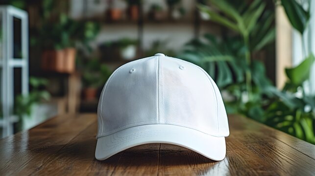 White baseball cap with small embroidered logo on wooden table, photographed with soft natural lighting and blurred indoor background featuring plants, lifestyle aesthetic.