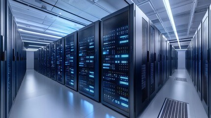 Fototapeta premium 3D rendering of a data center with server racks and a light blue background. Computer mainframe in modern, futuristic technology, a super computer room interior design.