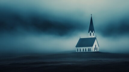 Mysterious church emerging from fog on a quiet hillside during twilight