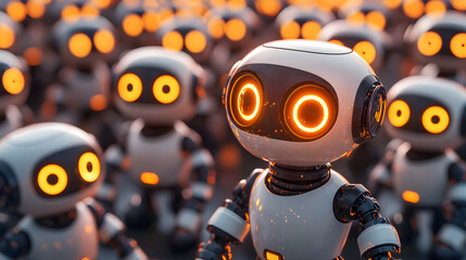 Many small, light gray robots with glowing orange eyes. One is in the center.