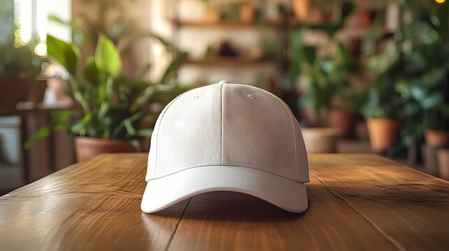 White baseball cap with small embroidered logo on wooden table, photographed with soft natural lighting and blurred indoor background featuring plants, lifestyle aesthetic.
