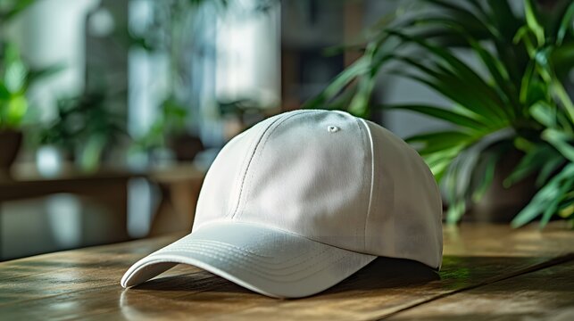 White baseball cap with small embroidered logo on wooden table, photographed with soft natural lighting and blurred indoor background featuring plants, lifestyle aesthetic.