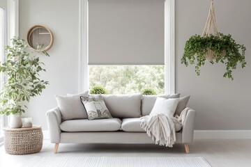 Fototapeta premium Modern living room with neutral sofa, roller blinds, and plants.