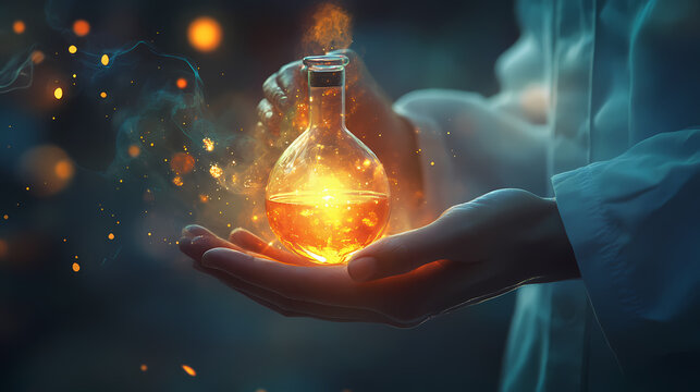 Glowing elixir in a scientist's hand. Alchemy. Illustration