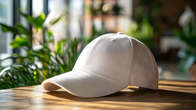 White baseball cap with small embroidered logo on wooden table, photographed with soft natural lighting and blurred indoor background featuring plants, lifestyle aesthetic.