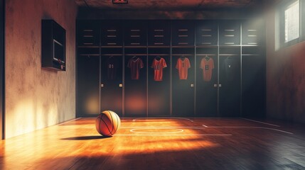 A dimly lit sports locker room with a basketball and jerseys hanging in the background.