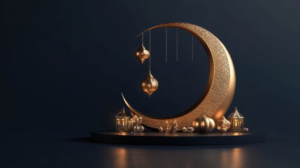 Elegant Golden Crescent Moon Ramadan Festive Decoration with Lanterns and Orbs