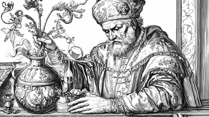 Holy roman emperor maximilian i learns the alchemy of gold makers, reproduction from an engraving of hans burgkmair, year Alchemy. Illustration