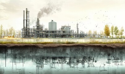Obraz premium Process of capturing carbon dioxide emissions from industrial sources, converting them for utilization, and securely storing them underground to mitigate climate impact.
