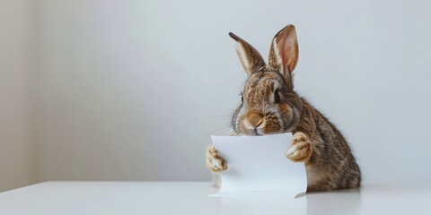 Hare with contract in paws against white background. Rabbit signing important papers at desk. Business animal concept photo.