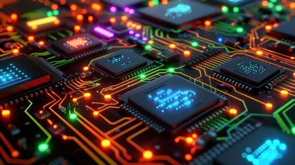 Fototapeta premium A close-up view of a vibrant circuit board with microchips and glowing lights.