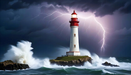 Obraz premium Lighthouse Landscape Coastal Ocean Waves Night Scenery
