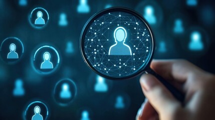 A person using a magnifying glass for identity verification, enhancing financial security and accessing personal data with biometrics for secure authentication and compliance.