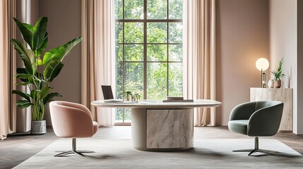 Fototapeta premium Modern minimalist design, home office, study, comfortable table and chairs, macaron color scheme