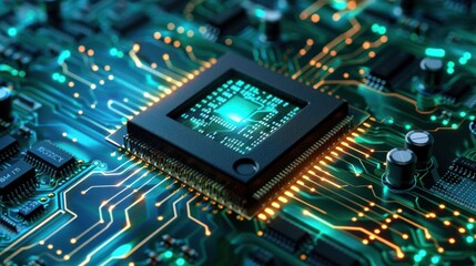Fototapeta premium Close-up of a microprocessor on a circuit board, showcasing intricate electronic design.