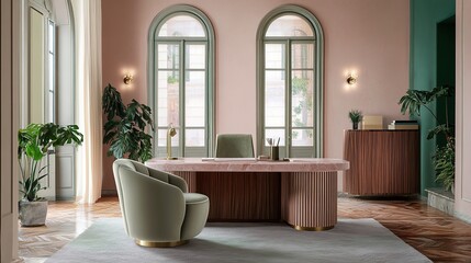 Fototapeta premium Modern minimalist design, home office, study, comfortable table and chairs, macaron color scheme
