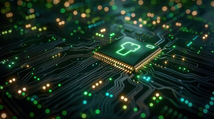 Fototapeta premium A close-up view of a microchip on a circuit board with glowing lights.