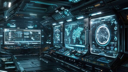 Fototapeta premium Futuristic control room with high-tech displays and interactive interfaces.