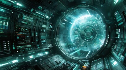 Futuristic control room with glowing interfaces and a circular portal.