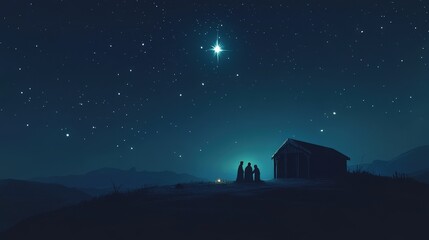 Digital illustration nativity scene holy family silhouette Bethlehem star illuminating biblical narrative sacred moment profound spiritual artistic representation capturing divine birth
