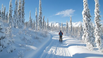 Snow covered trail with a skier enjoying winter sports in a scenic landscape