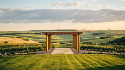 Fototapeta premium Wooden Pergola Overlooking Rolling Green Hills Landscape