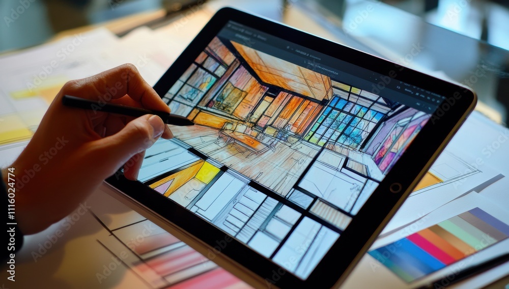 Poster a designer sketches an interior design on a tablet, surrounded by color swatches and drawing tools. 