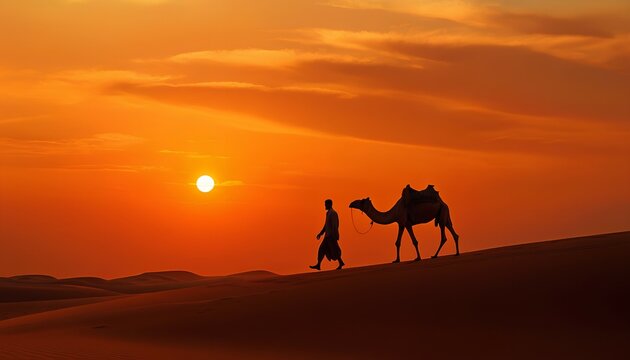 A camel and a leading man in desert at sunset, animal, big mammal with hump a livestock of a sandy tropical arid  hot and dry warm landscape, jamal, chameau, camello, camelo, oont, unt stockphoto 