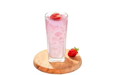 Ready for drink with ice strawberry milk served with strawberry slices put on white background and isolate style.