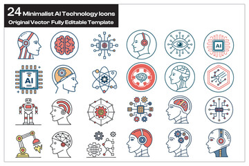 Thin Line Artificial Intelligence Related Vector Icons Set, Symbols, silhouettes, illustrations AI flat color outline signs and symbols collection isolated.