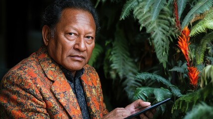 A middle-aged man dressed in a vibrant, patterned jacket engages with a tablet while surrounded by rich green ferns and colorful flowers, capturing a moment of contemplation
