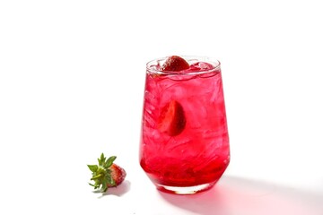 Ice strawberry milk serving with strawberry slices for topping and put on white background and isolate concept.