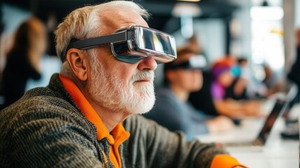 Senior man attends tech workshop to explore modern gadgets and technology advancements