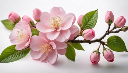 Naklejka premium delicate cherry blossom branch with soft pink petals and fresh green leaves against a clean white backdrop soft natural lighting crisp detail macro shot