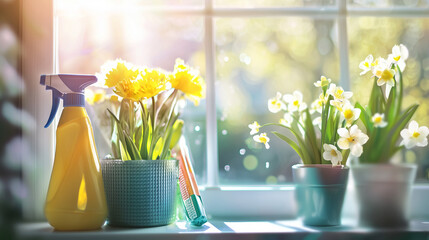 Spring cleaning scene with cleaning supplies and fresh flowers, creating a clean and refreshing atmosphere.