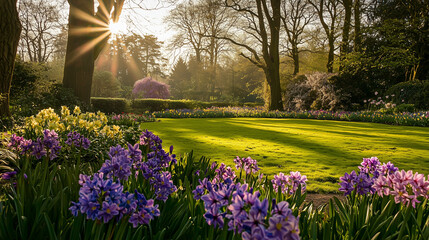 Naklejka premium Spring flowers in a garden with vibrant daffodils, creating a colorful and lively garden scene.
