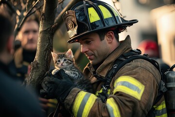 Naklejka premium Heroic firefighter in full protective gear gently rescuing a kitten from a tree, showcasing bravery and compassion