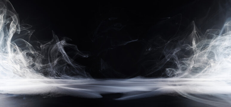 Panoramic view of the abstract fog. White cloudiness, mist or smog moves on black background. Beautiful swirling gray smoke. Mockup for your logo. Wide angle horizontal wallpaper or web banner.