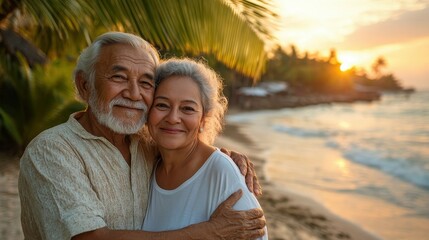 Obraz premium An elderly couple stands together on a sandy beach, enjoying a beautiful sunset. The warm sunlight casts a golden hue, creating a serene and loving atmosphere