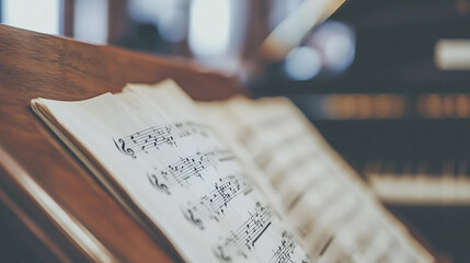 Classical music sheet notes elegantly displayed on a wooden stand, embodying the timeless beauty and intricate artistry of orchestral compositions.