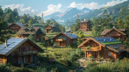 Fototapeta premium Scenic mountain village with wooden chalets and solar panels amidst lush greenery.