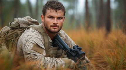 Obraz premium A soldier dressed in camouflage attire rests in tall grass, holding a weapon. The setting is a lush forest, with sunlight filtering through the trees