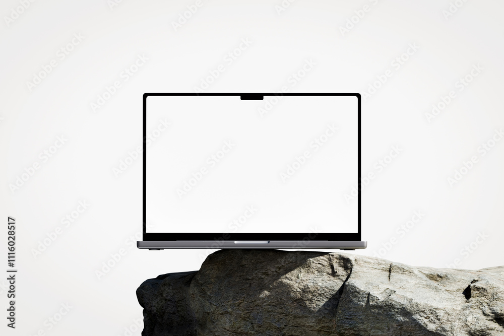 Canvas Prints scene with a opened laptop with a white blank screen on the rock
