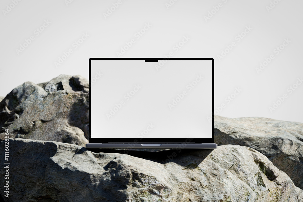 Canvas Prints scene with a opened laptop with a white blank screen on the rock